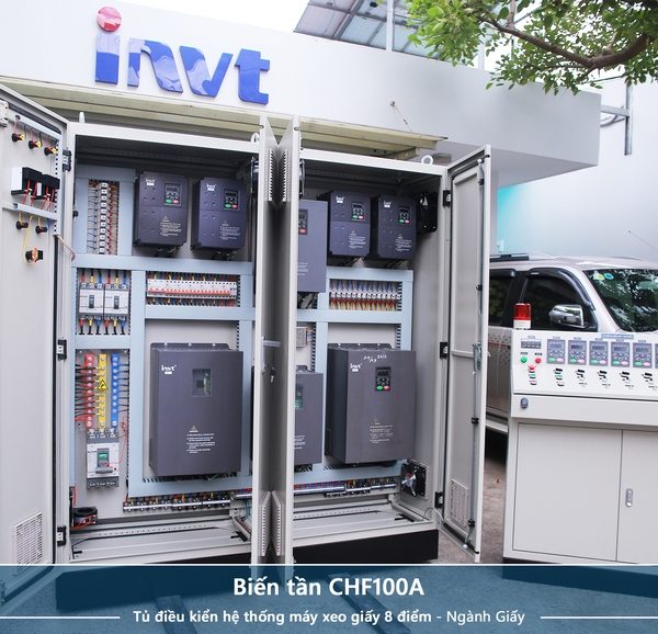 Công ty Tự động hóa Hoàng Gia HGA cung cấp tủ điện biến tần CHF100A điều khiển hệ thống máy xeo giấy 8 điểm - Ngành Giấy