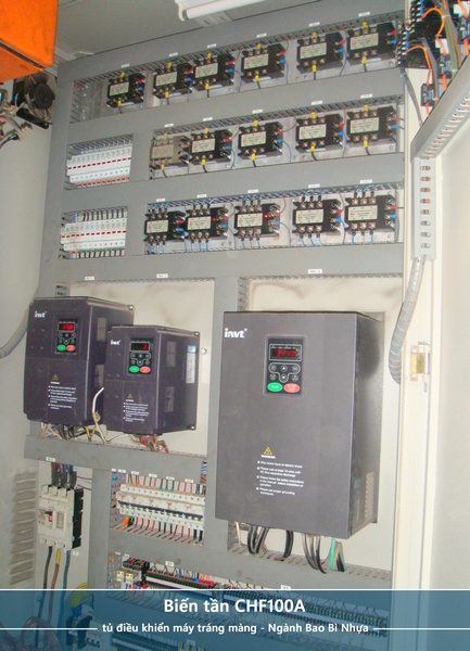 Công ty Tự động hóa Hoàng Gia HGA cung cấp tủ điện biến tần CHF100A điều khiển máy tráng màng - Ngành Bao bì