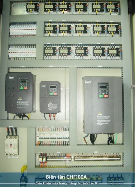Công ty Tự động hóa Hoàng Gia HGA cung cấp tủ điện biến tần CHF100A điều khiển máy tráng màng - Ngành Bao bì